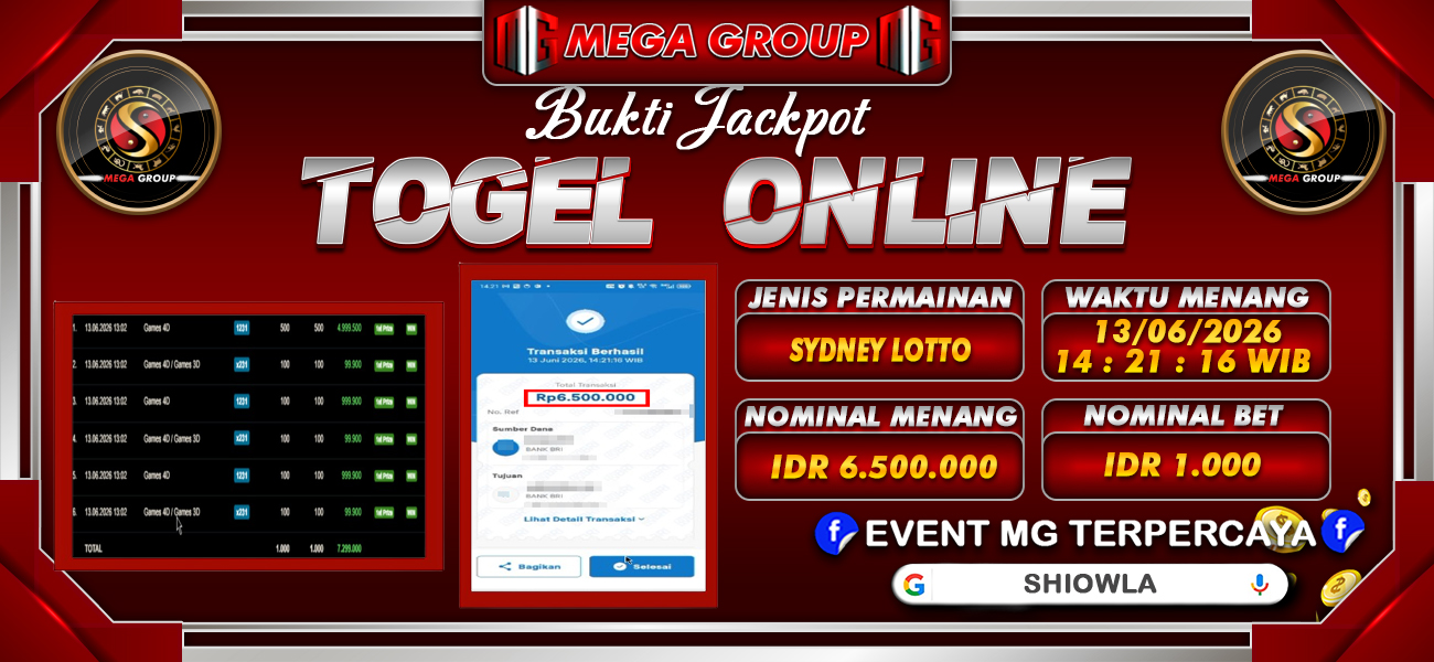 Bukti JP situs Shiowla hari Senin, 15 Juni 2026