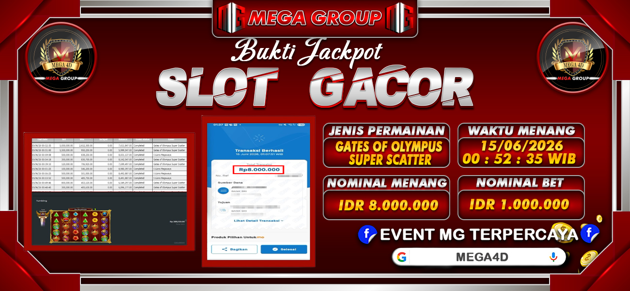 Bukti JP situs Mega4D hari Senin, 15 Juni 2026